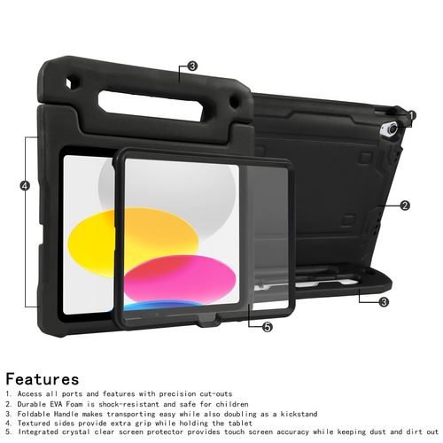 HDE Case for iPad 10th Generation 10.9 inch for Kids with Built-in Screen Protector Shockproof Cover with Multi Angle Viewing Handle Stand Black