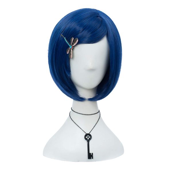 Morticia Short Straight Blue Women Bob Full Bang Kids Wig with Dragonfly Hairpin + Black Key Pendant Necklace (Kids 2)