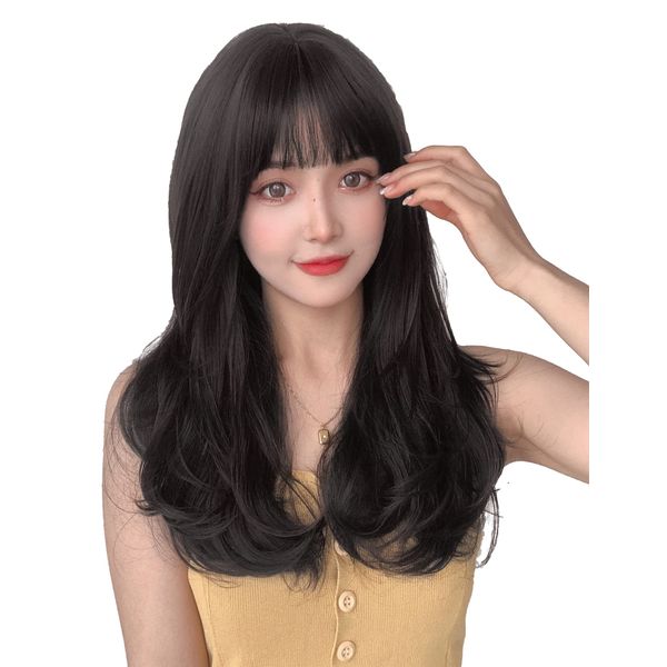 Wig, Long, Straight, Harajuku, Lolita Wig, Full Wig, Semi-Long, Curly, Natural, Long, Fluffy, Cross-dressing, Small Face Effect, Popular, Heat Resistant Wig, Harajuku, Net/Comb Included (Black Brown)