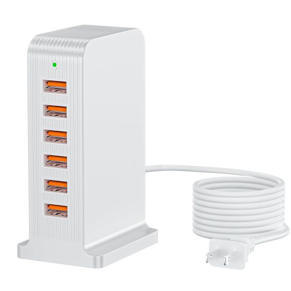 VHBW USB Rapid Charger, Tower, 6 Ports, 50 W, 10 A, Automatic Output Detection Function, Power Strip, PSE Certified, Compatible with iPhone & Android