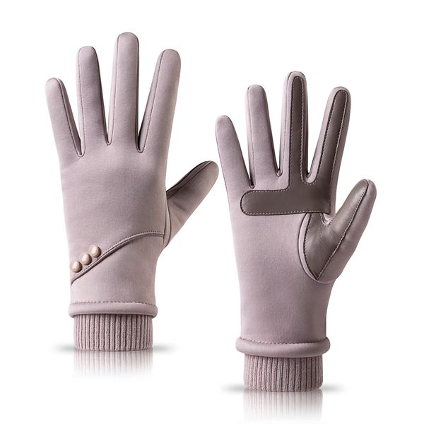 HOLDINA Handschuhe Damen Winter Warm, Wasserdichte Handschuhe Damen mit Rutschfestem Leder, Handschuhe Damen Touchscreen mit Fleece Gefüttert zum Fahren, Laufen, Radfahren, Wandern (Hellrosa-M)