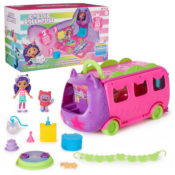 Gabby's Dollhouse Celebration Party Bus, Transforming Playset with Gabby & DJ Catnip Toy Figures & Dollhouse Accessories, Kids Toys for Ages 3 and Up