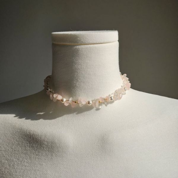 Love Stone Rose Quartz Choker Necklace White Crystal Swarovski Pearl Surgical Steel Production