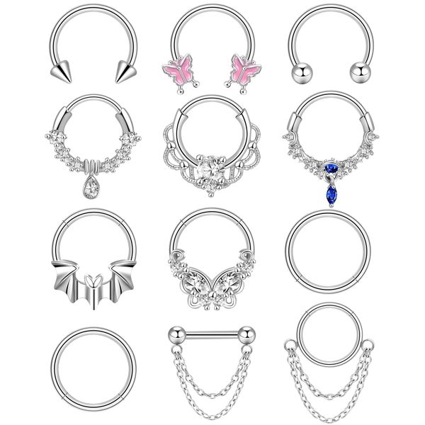 ONESING 12 Pcs Septum Rings 16G Septum Jewelry Surgical Steel Septum Piercing Jewelry CZ Butterfly Dangle Daith Cartilage Helix Horseshoe Nose Hoop Lip Rings Silver Septum Rings for Women