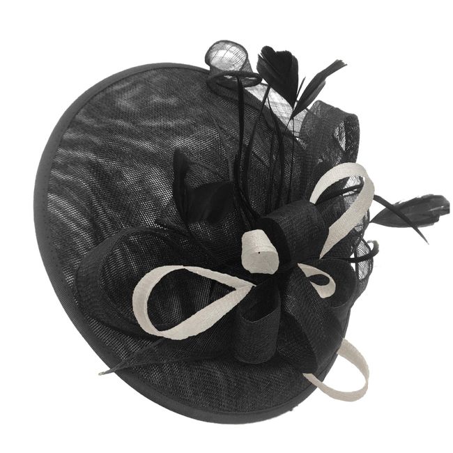 Caprilite Black and Cream Ivory Sinamay Big Disc Saucer Fascinator Hat for Women Weddings Headband