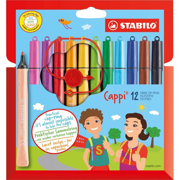 Fibre-Tip Pen with Cap-Ring - STABILO Cappi - Pack of 12 - Assorted Colours + 1 Cap-Ring