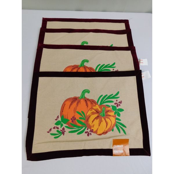 Set of Four Kohls Thanksgiving, Fall Velvet-Trim Beaded Pumpkin Placemats #7490