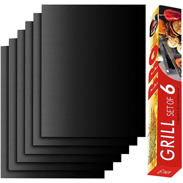 RENOOK Grill Mat Set of 6 - 100% Non-Stick Reusable Mats for Gas, Charcoal or Electric Grills - Easy to Clean - 15.75 x 13-Inch, Black