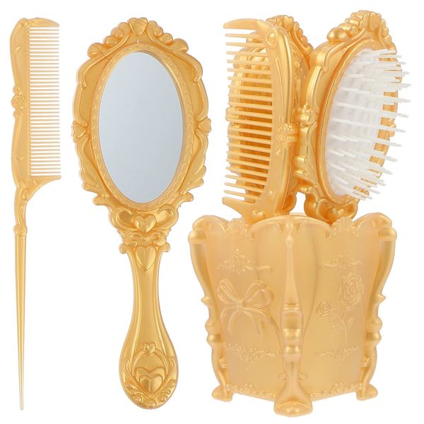 Luxshiny Womens Wallet Hair Brush Set With Holder Vintage Hair Brush Set, Wide Tooth Comb,Vintage Handheld Mirror, Detangling Hair Brush,Rat Tail Comb Hair Care