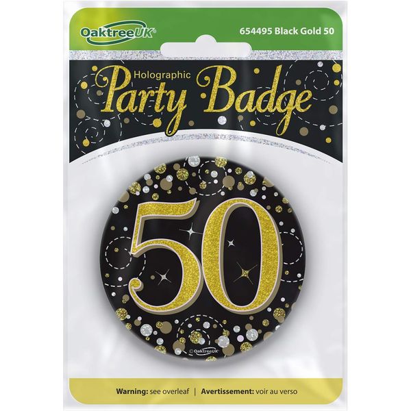 OakTree 3" Badge 50th Birthday Sparkling Fizz Black Gold Holographic