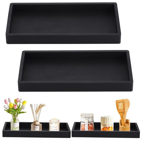 Huiguli 2 Pcs Bathroom Vanity Tray, Silicone Black Jewelery Tray, Decorative Ring Dish Plate, Rectangular Tray for Perfume Tissues Candles Towel Plant watch key Jewelry, 20x10cm