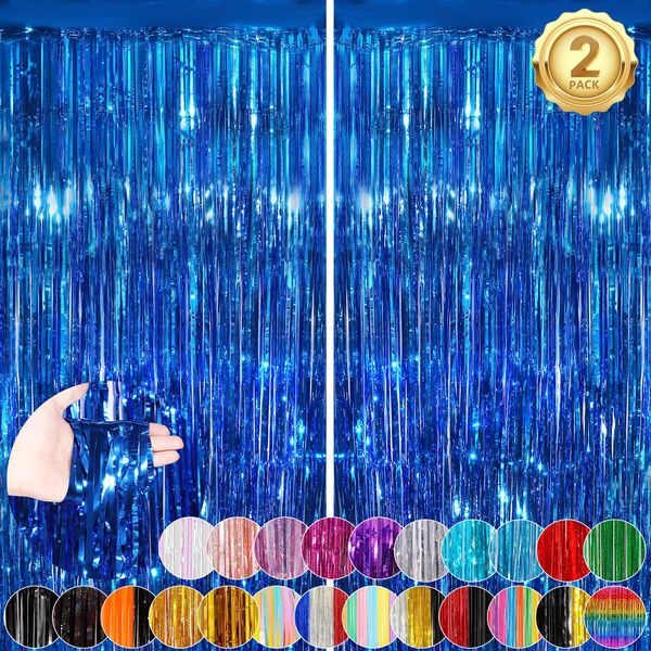 Blue Fringe Curtain Party Streamers 2Pack 3.3x8.3 Ft Foil Fringe Backdrop Curtains for Birthday Wedding Bridal Baby Shower Holiday Tinsel Streamers Blue Christmas Party Decorations Door Streamer