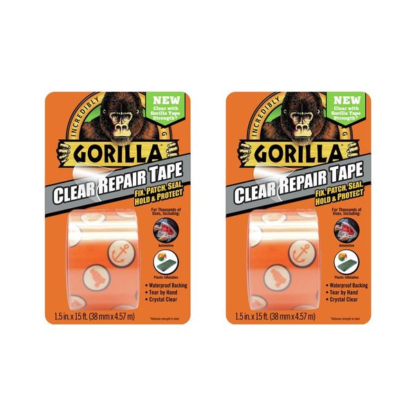 Gorilla Crystal Clear Duct Tape, 1.88" x 5 yd, Clear, (Pack of 2)