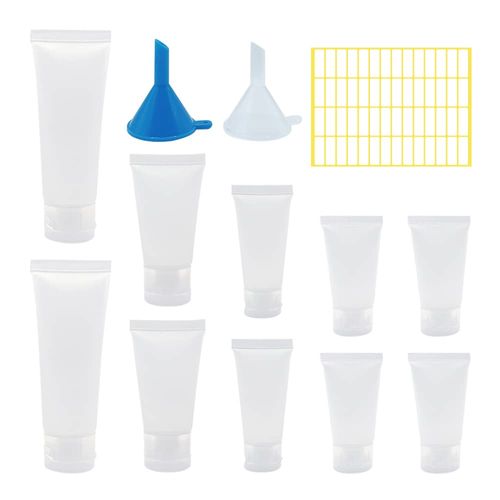 HLIWS Refill Bottle, Clear Cosmetic Containers, Pack of 10 (15 ml/20 ml/30 ml/50 ml) + 2 Plastic Funnels + 56 Labels for Shampoo, Shower Gel, Lip Gloss, Lotion