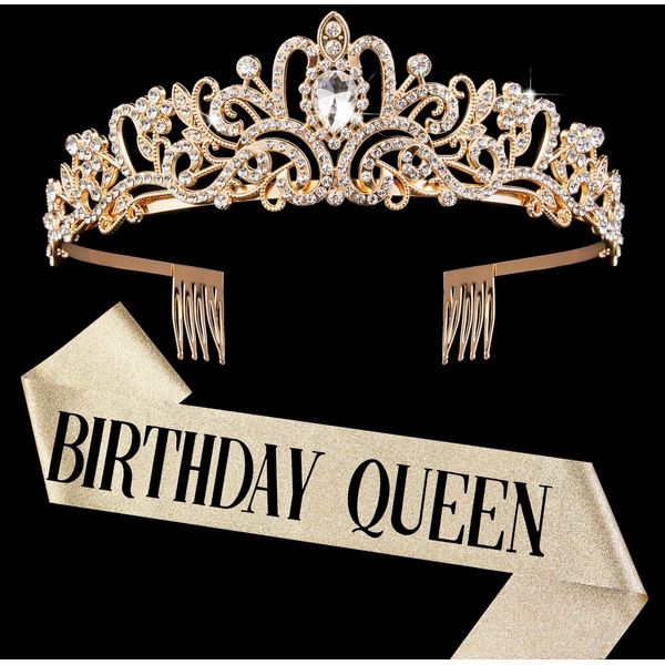 Gold Crown for Women Birthday Queen Sash & Rhinestone Tiara Set Birthday Decoration Rhinestone Headband Glitter Crystal Hair Accessories for Party(Gold1&Sash)