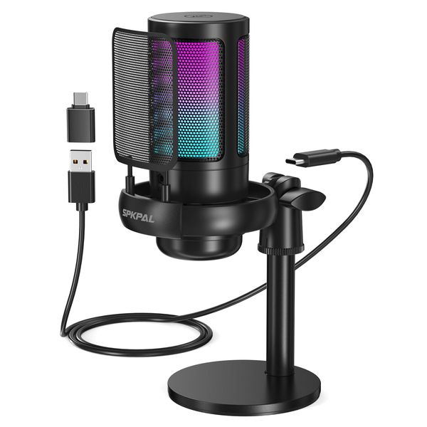 SPKPAL USB Microphone PC, RGB Gaming Mic with Mute Button, Condenser Microphone with Gain knob & Monitoring Jack for Recording, Streaming, Podcasting