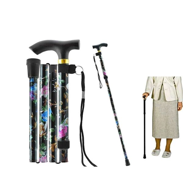 New Adjustable Folding Walking Stick Floral Lightweight Portable Cane with Ergonomic Handle Non-Slip Base Walking Stick for Men Ladies Women Height Adjustable Walking Sticks (Floral)