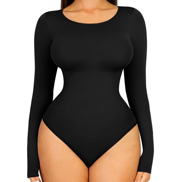 FeelinGirl Long Sleeve Bodysuit for Women Tummy Control Thong Seamless Shapewear for Women-2024 Shirt Tops