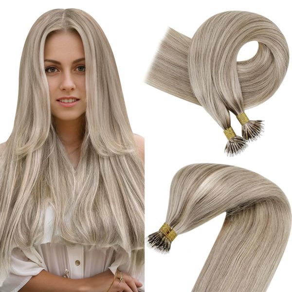 Easyouth Blonde Nano Hair Extensions Real Hair Highlight Blonde Nano Bead Hair Extensions Ash Blonde Nano Human Hair Nano Ring Extensions Pre Bonded Hair 16 Inch 50g/50s