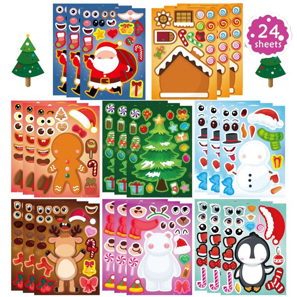 ANWUZING 24 Sheets Christmas Stickers for Kids, Christmas Crafts Make Your Own Stickers, Xmas Winter Holiday Party Games Stickers, Christmas Gift Bag Decor, Christmas Classroom Activity Stickers