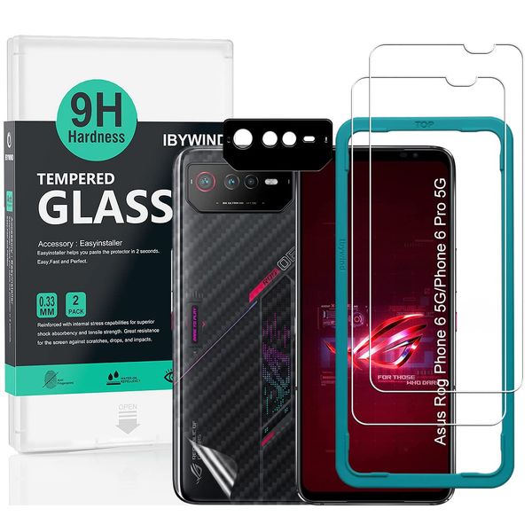 IBYWIND Glass Film Screen Protector for Asus Rog Phone 6 5G/Phone 6 Pro 5G (6.78 inch) 2 Tempered Glass 1 Camera Lens Protector and 1 Carbon Fiber Film Backing[Fingerprint Reading, Easy Installation]