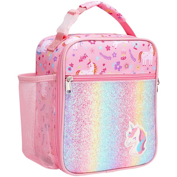 Bagseri Lunch Bag for Girls, Insulated Lunch Bag for Kids, Portable Lunch Cooler Bag for School, with Bottle Holder, Water-Resistant Lining, Glitter Unicorn