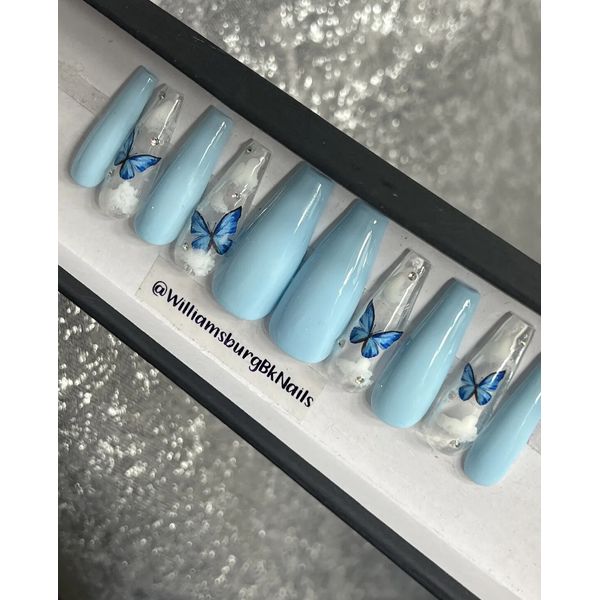 🦋 CUSTOM Gel Press On False Nails, Butterfly Clouds  BLING 10p Set W FULL KIT