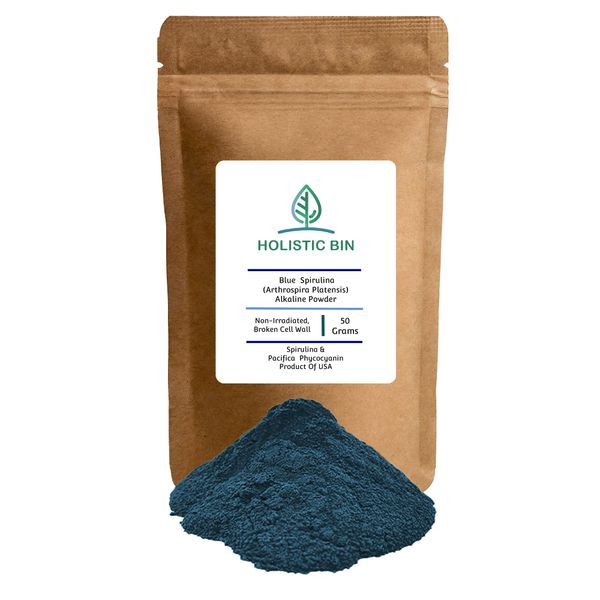 Holistic Bin Blue Spirulina Powder Organic Blue Green Algae Powder for Supplements, Smoothies, & Baked Goods | Rich Source of Vegan Protein, Vitamins, & Phytonutrients (50 Grams)