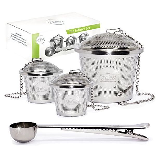 Chefast Tea Infuser for Loose Tea Set 1 Large and 2 Single Infusers & Scoop with Bag Clip - Reusable Tea Strainers & Steeper, Diffusers for Brew, Tea, Spices & Seasonings. Satisfaction Guarantee