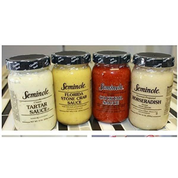 Seminole 4 pack seafood sauces, Florida Stone crab sauce, Tartar sauce, Cocktail Sauce, Horseradish Sauce