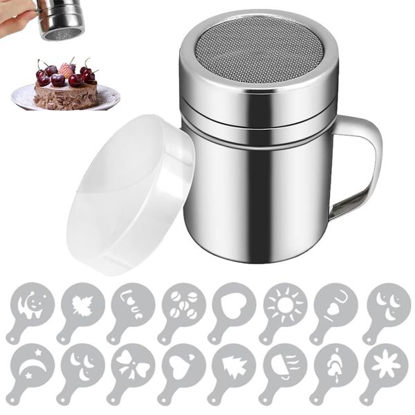 Chocolate Shaker Powder Sifter Stainless Steel Duster Mesh Can Sugar Salt Shaker Coffee Sprinkle Powder Can Set with 16 Coffee Molds Templates Stencils for Cake Decorating, Baking, Cappuccino, Cocoa