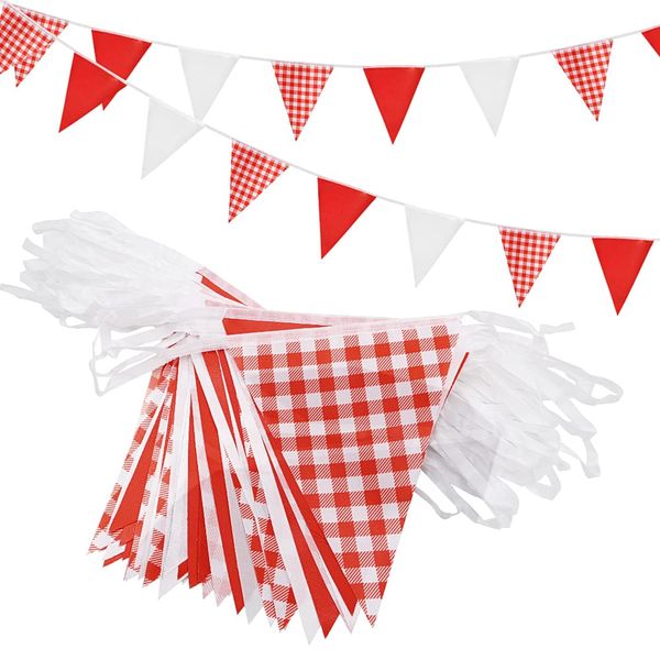 20m 52pcs Red White Plaid Pennant Bunting,16×22cm Polyester Fabric Reusable Triangle Flags Banner for Indoor Outdoor Birthday Kid Party Decorations