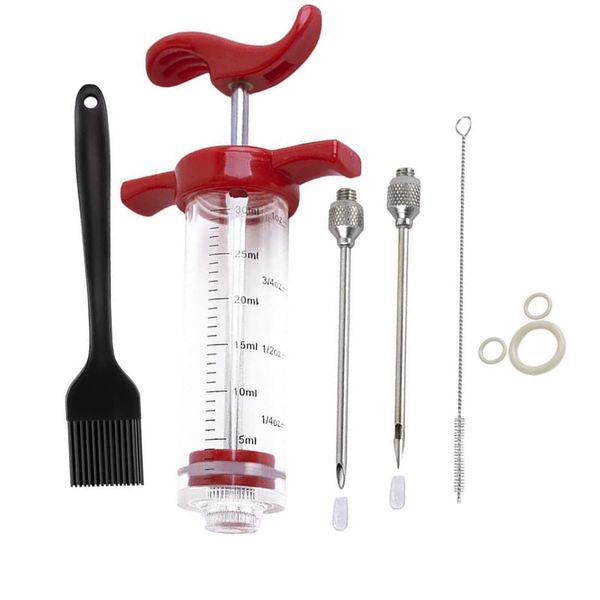 ZINGKING Meat Injector Syringe,Stainless Steel Food Seasoning Syringe Kit with 2pcs Needles,1pc Barbecue Brush, and 1pc Needles Cleaner, Ideal for BBQ, Grilling, Baking and Cooking