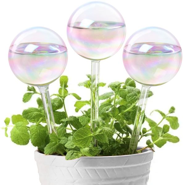 KiKiHeim 3Pcs Automatic Plant Waterer Globes, Rainbow Glass Self Watering Planter Insert Spikes, Hand Blown Water Bulbs for Indoor Outdoor Pots