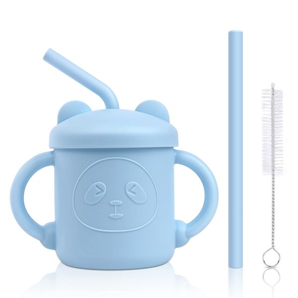 Vicloon Toddler Straw Cup, Silicone Baby Training Cup, Sippy Cup Toddler Cup with Straw and Cleaning Brush, Spill Proof and Non-Slip Handle, Baby Panda Training Cup for Infant & Toddler (Blue)