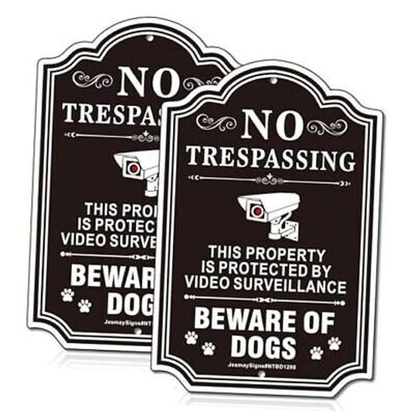 No Trespassing Sign, Beware of Dogs Sign, Video Surveillance Sign, 2Pack -12 x