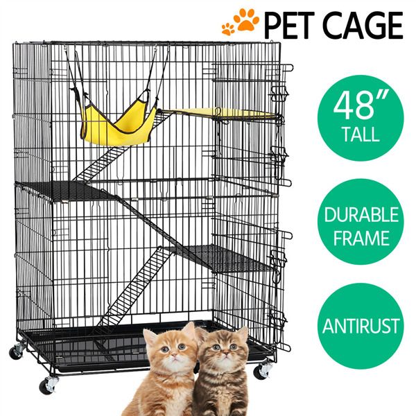 48" Rolling Metal Cat Kitten Cage Pet Playpen Indoor Outdoor w/ Hammock Wheels