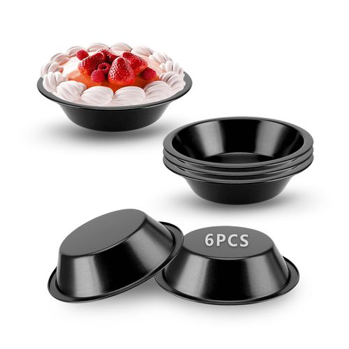 Kofebe Mini Pie Pans, 4" Carbon Steel Tart Pans, Reusable Pie Tins for Quiche Cake Pizza Dessert - 6 Packs, Black