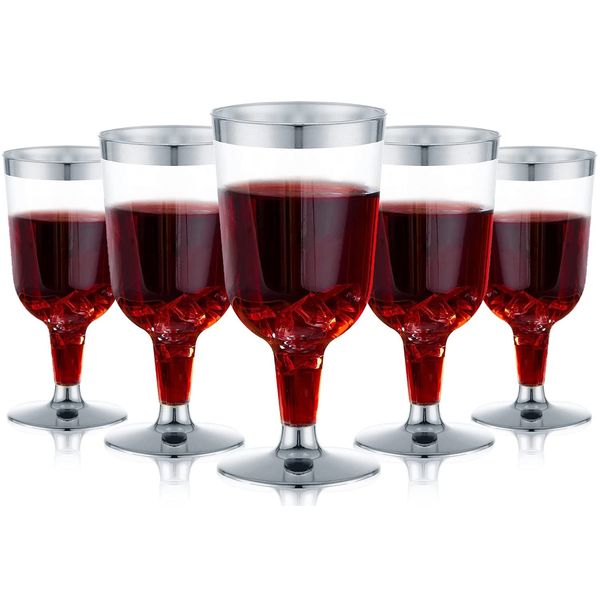 LATERN 30Pcs Plastic Wine Glasses, 170ml Silver Wine Tasting Glasses Reusable Stemmed Party Wine Cups for Drinks Whiskey Champagne Beer Cocktail Martini (13.4 x 6.5cm)