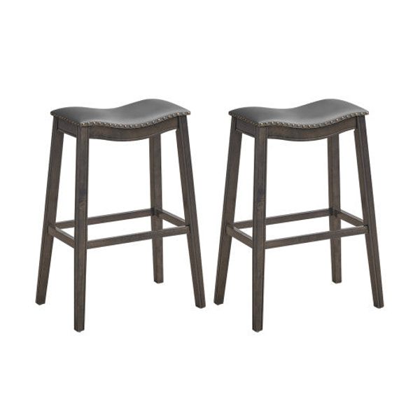 29 Inch Set of 2 Backless Wood Nailhead Barstools with PVC Leather Seat-Gray