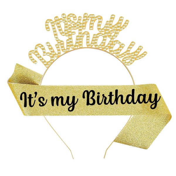 SWYOUN It's My Birthday Party Satin Sash It's My Birthday Party Tiara Party Supplies Happy Birthday Party Decoration(Gold)