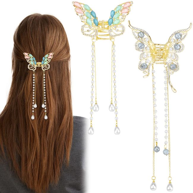 2 Pcs Gold Butterfly Tassel Hair Claw Clips Rhinestone Pearl Hair Claw Clamps Crystal Metal Hair Clips Sparkling Exquisite Hair Clips Hair Styling Accessories for Women Girls