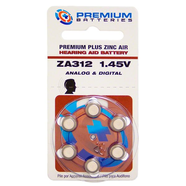 Premium Batteries Size 312, PR41, P312, ZA312 1.45V Zinc Air Hearing Aid Batteries Brown Tab (6 Batteries)