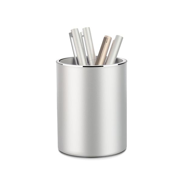 VAYDEER Metal Pen Holder Aluminum Pen Pot, Round Pencil Holder Pot Desktop Makeup Brush Holder Pot for Desk, Office/School Pen Storage Organizer - Silver