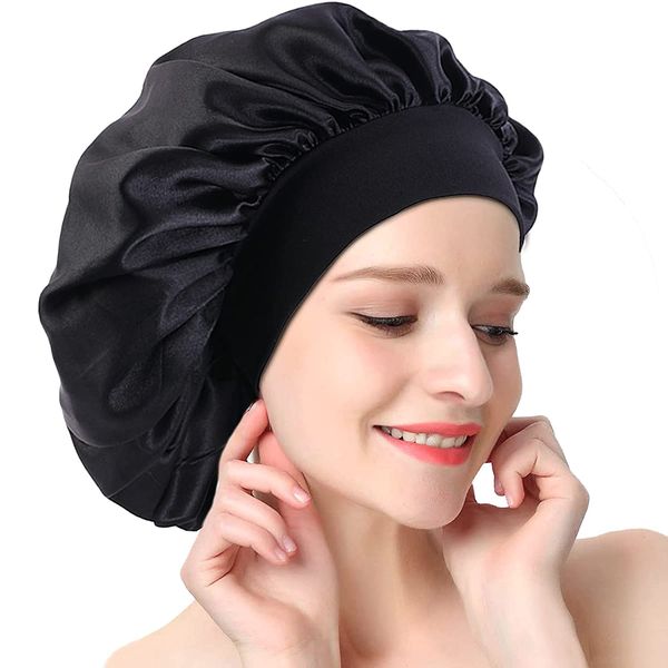 Hair Bonnet for Sleeping, Wide Elastic Band Satin Bonnet Silk Bonnet Shower Cap for Women Girls, Makeup Hair Care Sleeping Hat Elastic Hat Hair Bonnet for Night Sleep Curly Hair Protection-Black