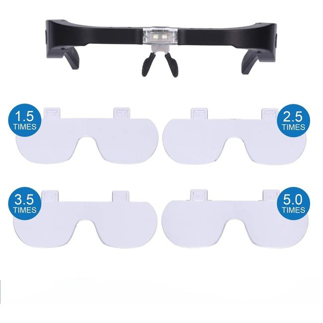 Head Magnifier Glasses with 2 LED Lights USB Charging Magnifying Eyeglasses  for Reading Jewelry Craft Watch Repair Hobby, Detachable Lenses 1.5X, 2.5X,  3.5X,5X(Black) Headband Magnifier Glasses Usb Charging Black