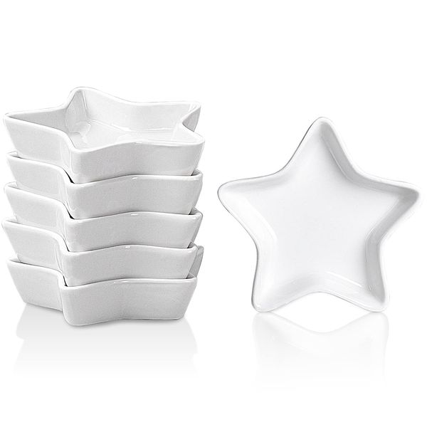 Star Soy Sauce Dish - Delling Dipping Bowls/Dish, Ceramic Dipping Sauce Cups for Soy Sauce, Sushi Sauce, Condiment, BBQ, Small Pinch Bowls, Set of 6, White, 1.2 Oz for America Anniversary