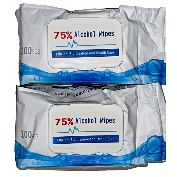 Hand Wipes 75% Alcohol 2 Packs/100 Individual Wipes Ea. (Large 6x7 Inch Sheets)