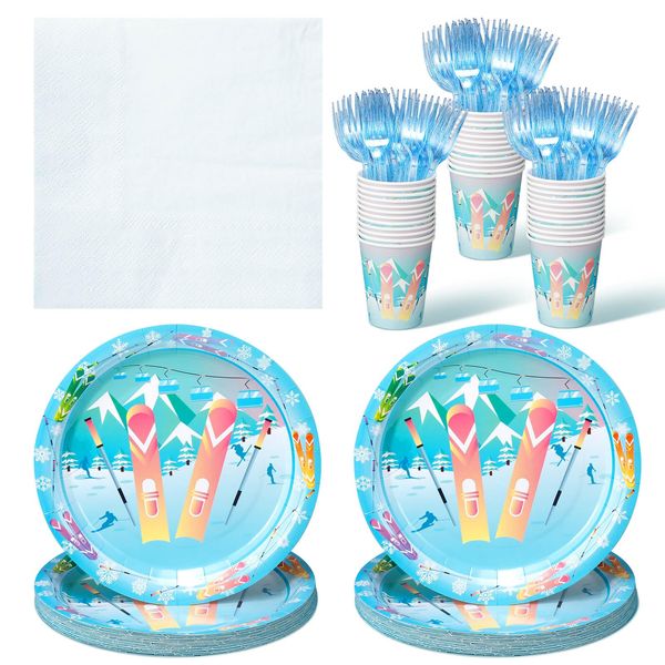 Zubebe 120 Pieces Skiing Birthday Party Supplies Set for 24 Guests, Skiing Paper Plates (7 and 9 Inch), Cups, Forks, Paper Napkins, Disposable Skiing Theme Dinnerware for Party Decorations