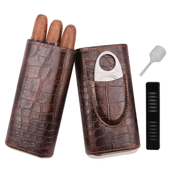 AMANCY 3-Finger Classy Black Brown Crocodile Pattern Leather Cigar Case with Small Humidifier and Cutter